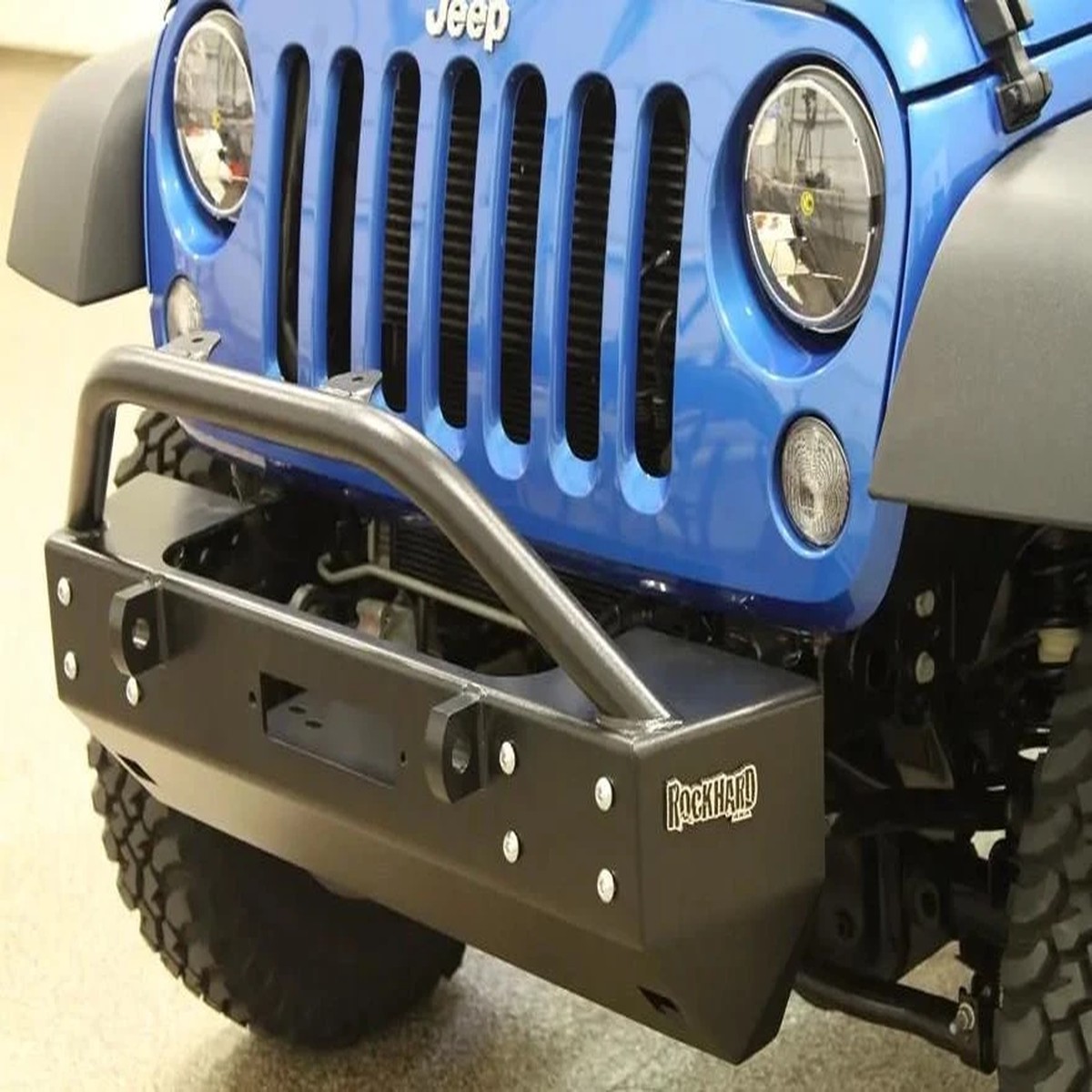 Rock Hard 4x4 Patriot Series Grille Width Stubby Front Bumper wLowered Winch Plate wo Fog Lights for Jeep Wrangler JK 2007 - 2018 RH-5002